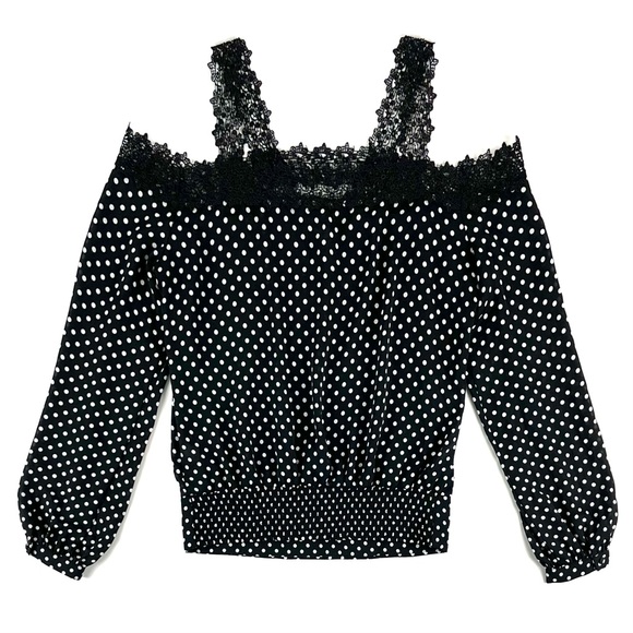 Bebe Polka Dot Print & Lace Shoulder Top - Picture 3 of 7